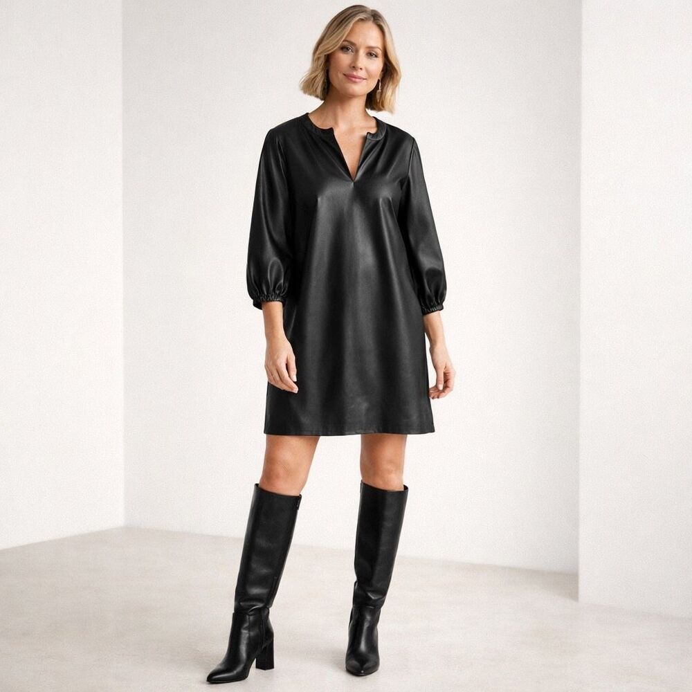 Black Faux Leather Shift Dress Puff Sleeve Edgy Chic Mini Dress Size 10